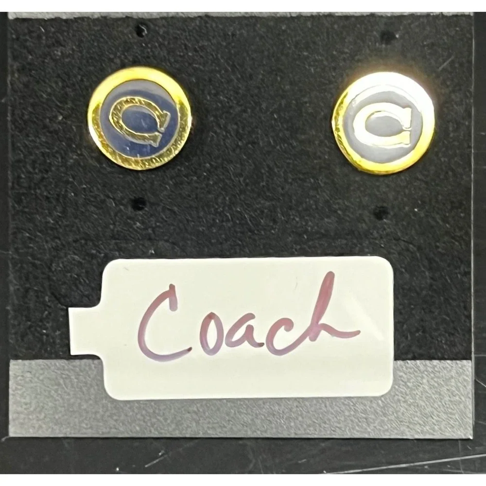 Coach Logo Stud Earrings Womens OS Blue Gold Excellent Circular Enamel - Picture 4 of 5